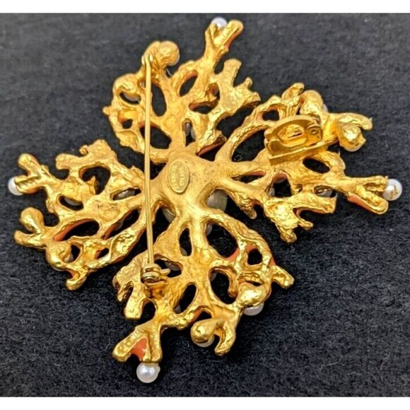 KJL KENNETH J LANE Large Enamel Brooch Coral Branch Faux Pearl Vintage Pin - Picture 5 of 16